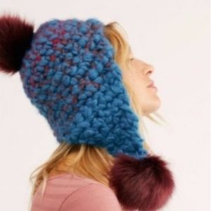 Free People Chunky Knit Trapper Hat with Pom Poms. Moroccan Blue Combo One Size